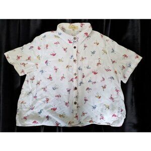 * LOVE NOTE White Flamingo Print Short Sleeved Button Front Shirt Girls L 10